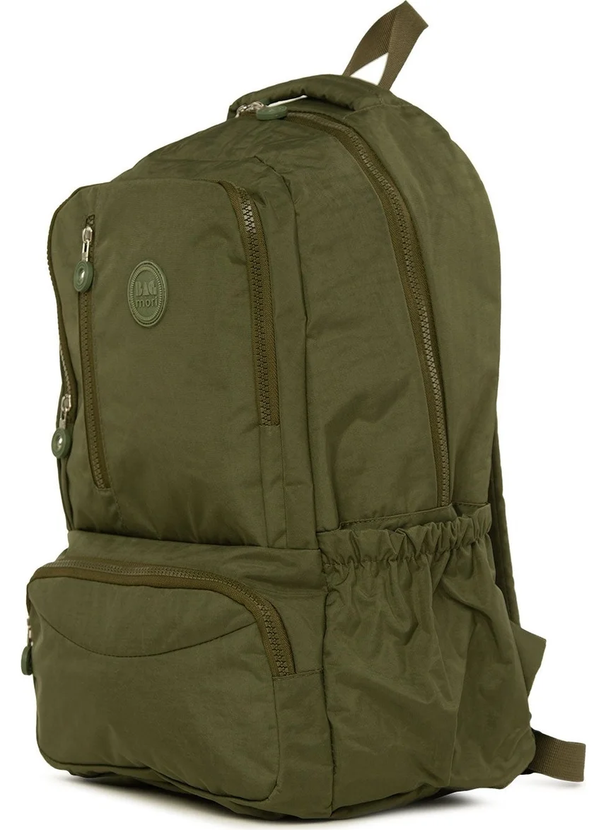باجموري Khaki Large Parachute Backpack with Oval Pockets and Vertical Zipper