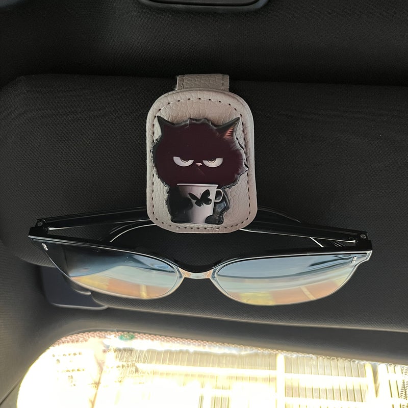 Beige Magnetic Car Sun Visor Glasses Holder Ticket Clip With Cute Kitten Design Hands Free Fashion Suitable For Vehicles - Image 1