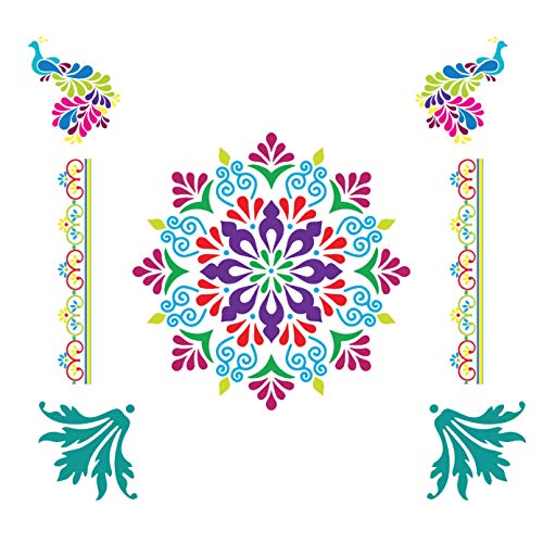 SWAGSTATION Floating Rangoli Mandala Big Size Rangoli Making Tools Kit, Rangoli Stencils Big Size - Set of 5 Stencil, 6 Rangoli Powder Colors Bottles- Multicolour - Image 5