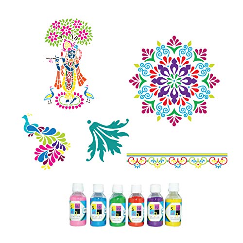 SWAGSTATION Floating Rangoli Mandala Big Size Rangoli Making Tools Kit, Rangoli Stencils Big Size - Set of 5 Stencil, 6 Rangoli Powder Colors Bottles- Multicolour - Image 1