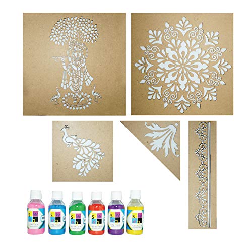 SWAGSTATION Floating Rangoli Mandala Big Size Rangoli Making Tools Kit, Rangoli Stencils Big Size - Set of 5 Stencil, 6 Rangoli Powder Colors Bottles- Multicolour - Image 2