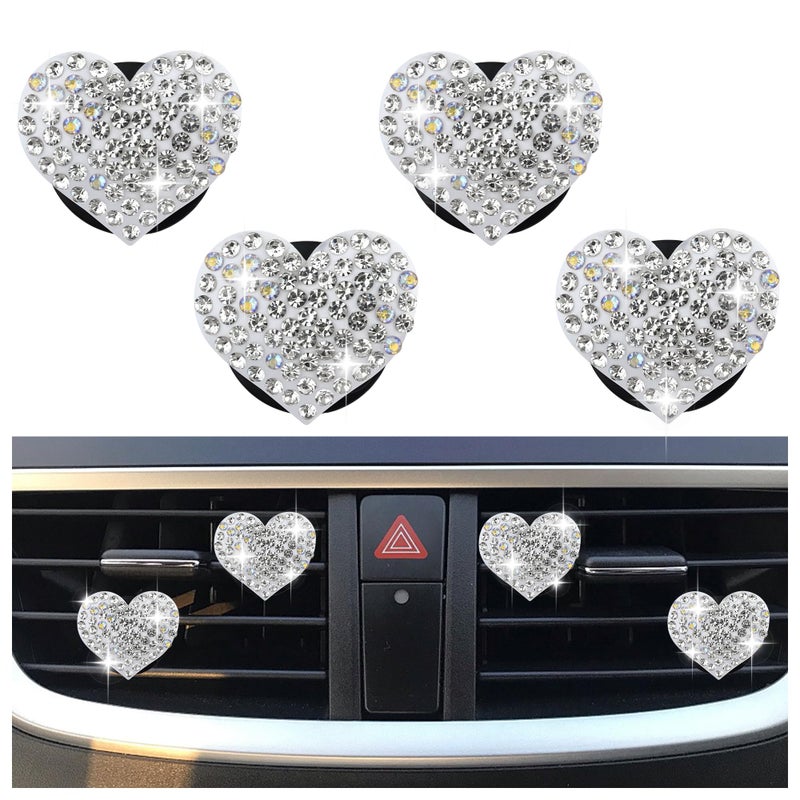 4PCS HeartShaped Car Vent Clips with RhinestoneBling Air Vent Clips Car DecorationsPremium Shiny Car Clips for Vents CCar Accessories Interior for CarsTrucksSUVs White