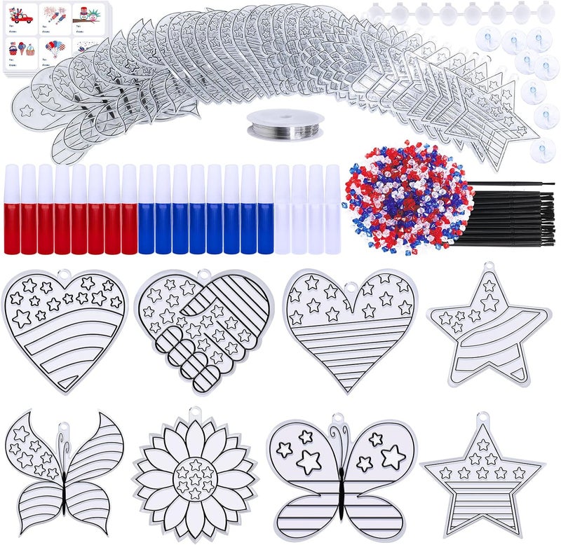 Winlyn 24 Sets Patriotic Suncatcher Ornaments Decoration DIY Window Paint Art Sticker Craft Kit American Star Heart Sunflower Butterfly Suncatchers for Kids Classroom Patriotic 4th of July Party Art Project - Image 2