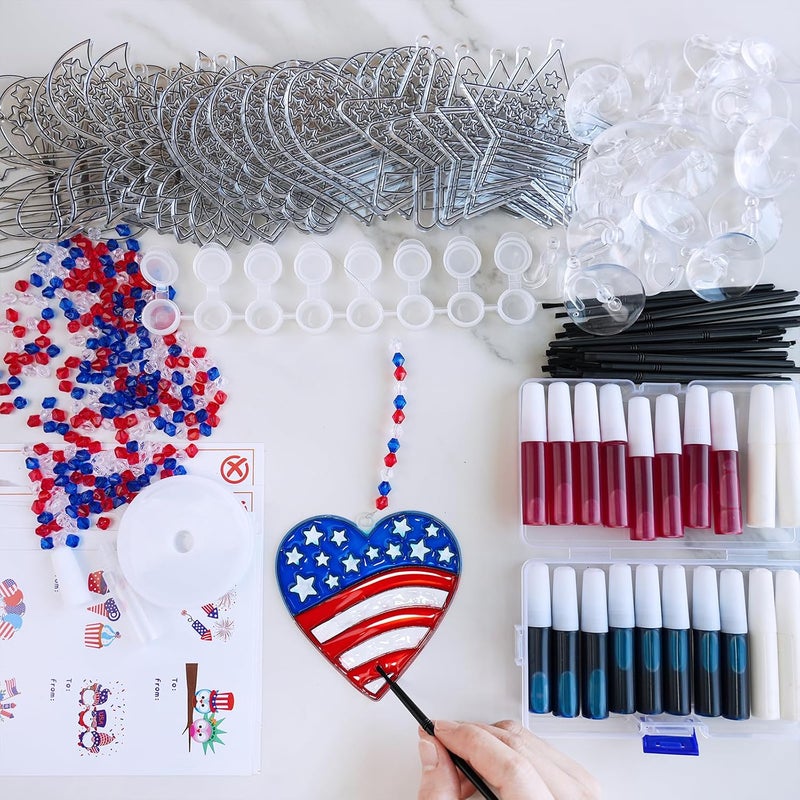 Winlyn 24 Sets Patriotic Suncatcher Ornaments Decoration DIY Window Paint Art Sticker Craft Kit American Star Heart Sunflower Butterfly Suncatchers for Kids Classroom Patriotic 4th of July Party Art Project - Image 3