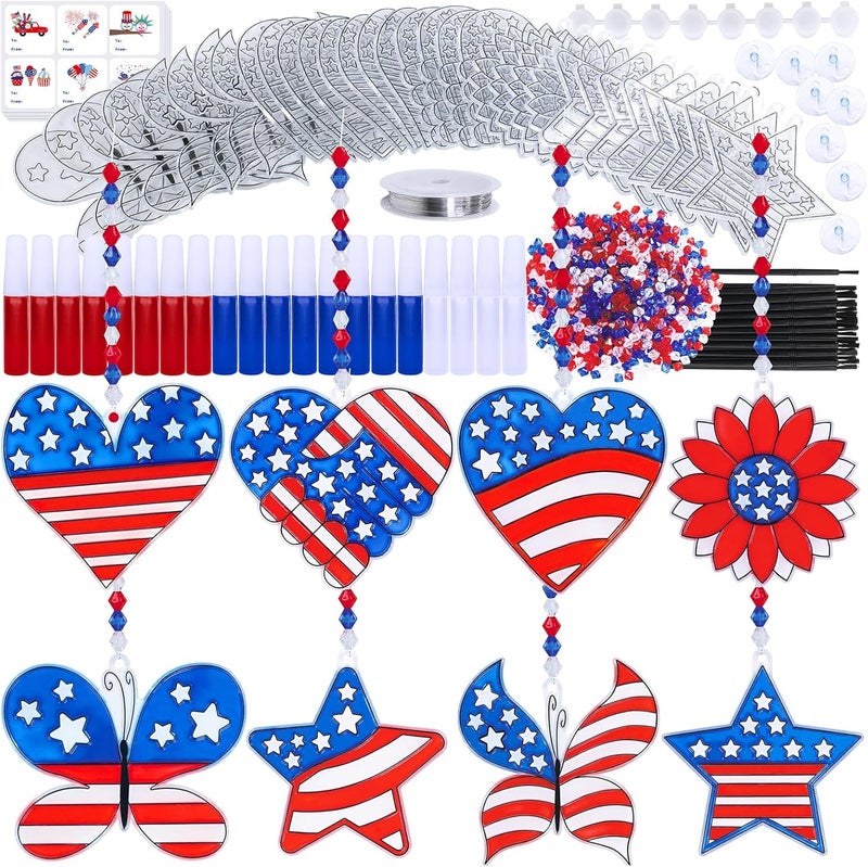 Winlyn 24 Sets Patriotic Suncatcher Ornaments Decoration DIY Window Paint Art Sticker Craft Kit American Star Heart Sunflower Butterfly Suncatchers for Kids Classroom Patriotic 4th of July Party Art Project - Image 1