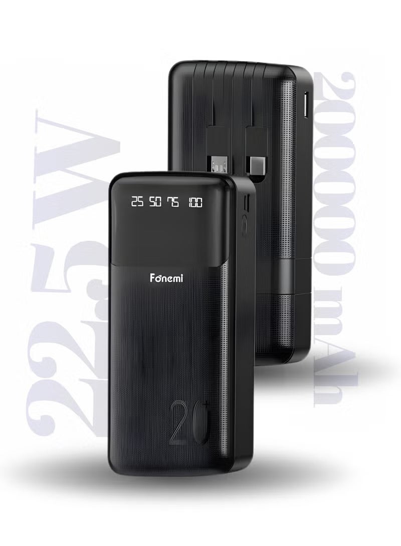 Fonemi 20000mAh Power Bank 22.5W Fast Charging | Built-In 4 Cables (Type-C, Lightning, Micro USB & USB) with Mobile Stand, LED Display & Smart Protection Chip | Multi-Device Portable Charger – Black - Image 1