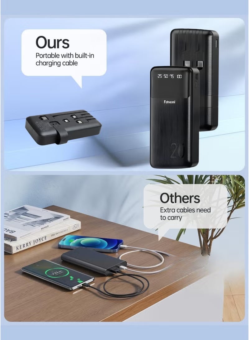 Fonemi 20000mAh Power Bank 22.5W Fast Charging | Built-In 4 Cables (Type-C, Lightning, Micro USB & USB) with Mobile Stand, LED Display & Smart Protection Chip | Multi-Device Portable Charger – Black - Image 3