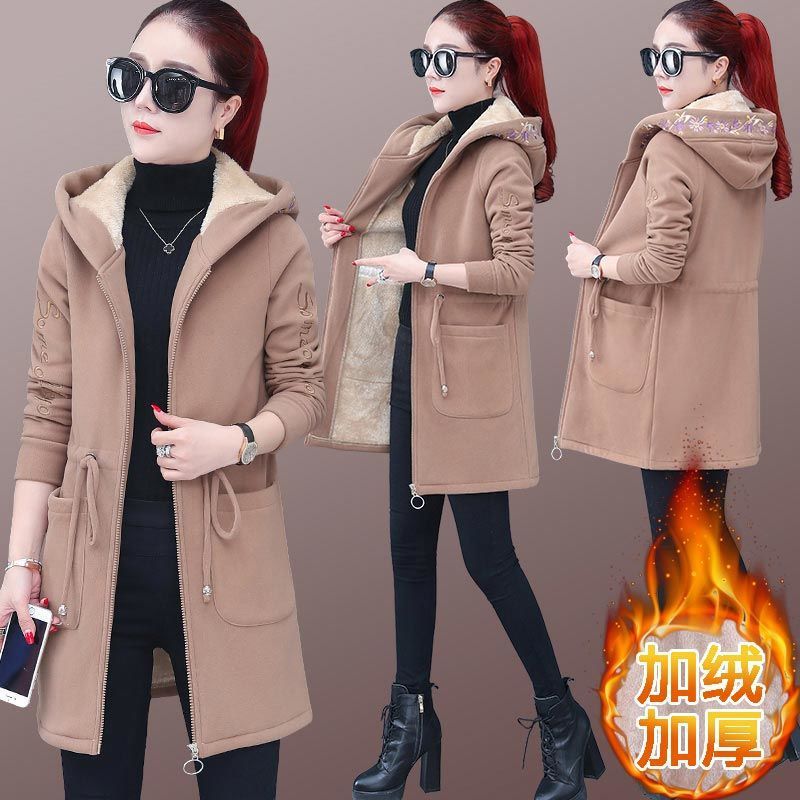 Women'S Mid-Length Velvet Jacket 2021 New Trendy Loose Thickeneded Winter Hooded Large Size Cardigan Sweatshirt - Image 3