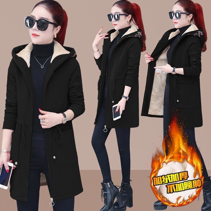 Women'S Mid-Length Velvet Jacket 2021 New Trendy Loose Thickeneded Winter Hooded Large Size Cardigan Sweatshirt - Image 4