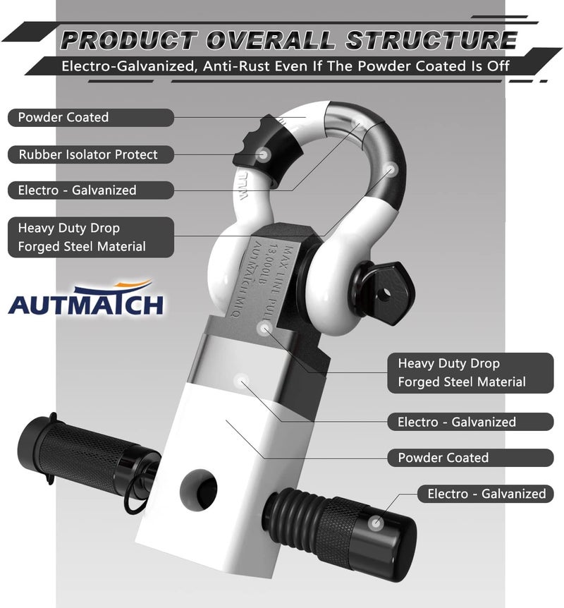 AUTMATCH Shackle Hitch Receiver 2 Inch - 3/4" D Ring Shackle and 5/8" Trailer Hitch Lock Pin, 45,000 Lbs Break Strength Heavy Duty Receiver Towing Kit for Off-Road Vehicle Recovery, White - Image 4