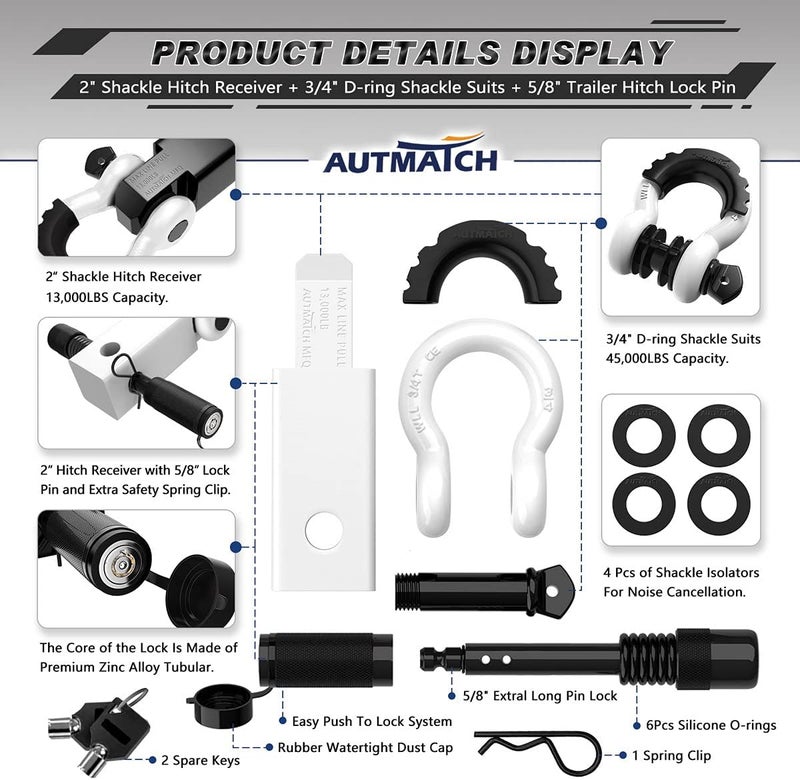 AUTMATCH Shackle Hitch Receiver 2 Inch - 3/4" D Ring Shackle and 5/8" Trailer Hitch Lock Pin, 45,000 Lbs Break Strength Heavy Duty Receiver Towing Kit for Off-Road Vehicle Recovery, White - Image 2