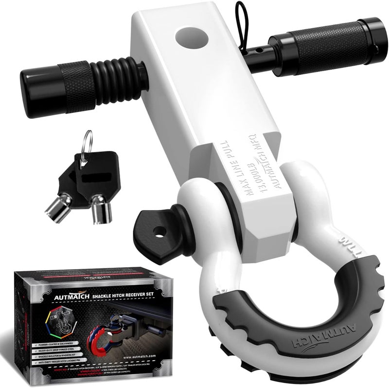 AUTMATCH Shackle Hitch Receiver 2 Inch - 3/4" D Ring Shackle and 5/8" Trailer Hitch Lock Pin, 45,000 Lbs Break Strength Heavy Duty Receiver Towing Kit for Off-Road Vehicle Recovery, White - Image 1