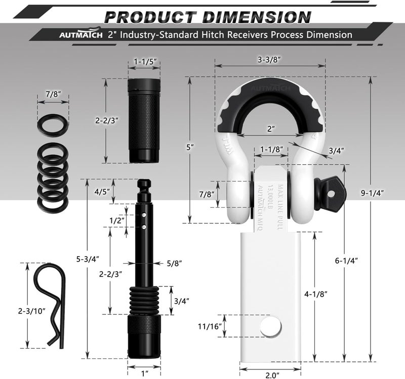 AUTMATCH Shackle Hitch Receiver 2 Inch - 3/4" D Ring Shackle and 5/8" Trailer Hitch Lock Pin, 45,000 Lbs Break Strength Heavy Duty Receiver Towing Kit for Off-Road Vehicle Recovery, White - Image 3