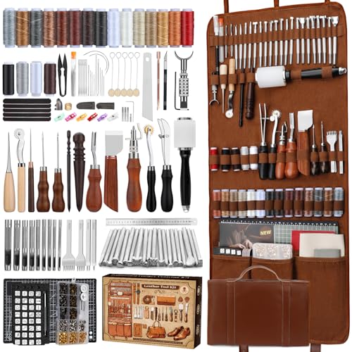 CBHGFEA Leather Working Kit, Leather Working Tools and Crafting Kit with Custom Storage Bag, Engraving, Cutting, Sewing, Stamping, Sanding Supplies for DIY Handicraft Making and Repair - Image 1