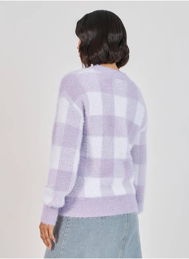Styli Regular Fit Regular Length Fuzzy Yarn Checked Sweater