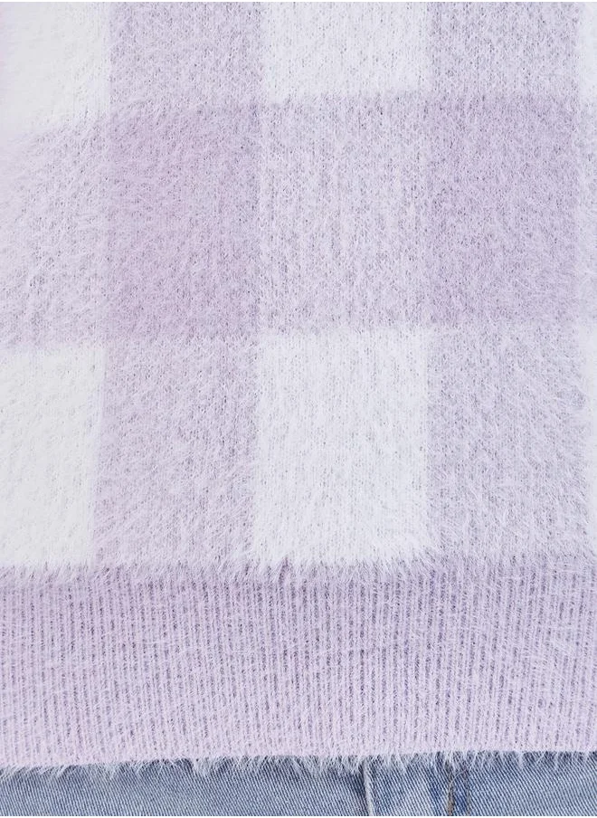 Styli Regular Fit Regular Length Fuzzy Yarn Checked Sweater