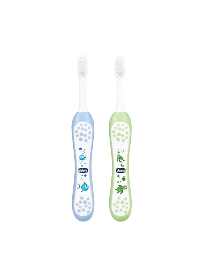 Chicco Baby Manual Toothbrush For Infants (6M-36M), Set Of 2|Extra Soft Tapered Bristles Ideal For Milk Teeth|Bpa Free (Blue, Green) - Image 1