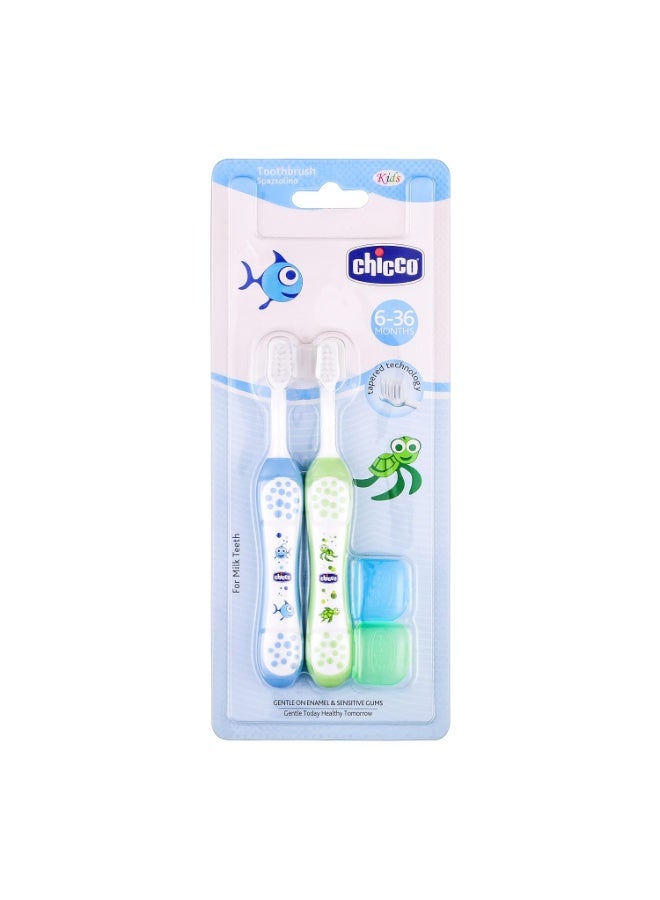 Chicco Baby Manual Toothbrush For Infants (6M-36M), Set Of 2|Extra Soft Tapered Bristles Ideal For Milk Teeth|Bpa Free (Blue, Green) - Image 2