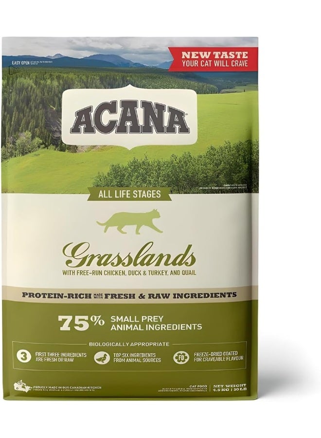 acana طعام قطط جاف أكانا غراسلاندز دجاج وديك رومي لجميع مراحل الحياة 4.5 كجم - Image 1
