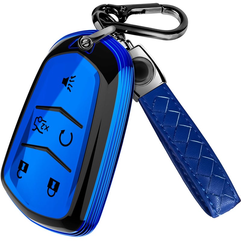 Lucrum Compatible with Cadillac Escalade Key Fob Cover Leather Keychain Keyfob Case for ATS CTS DTS SRX STS XTS CT6 XT4 XT5 XT6 20152023 Blue and Black - Image 3