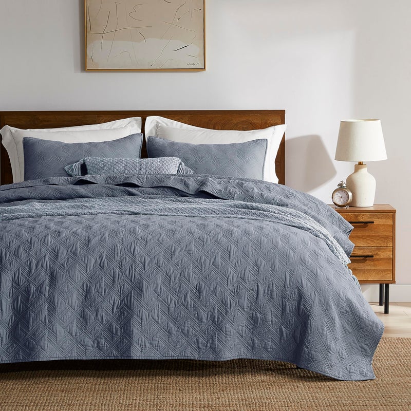 WDCOZY 100% Cotton King Size Quilt Set - Dusty Blue Pre-Washed Soft Lightweight Modern Bedspread, Farmhouse Country Rustic Coverlet, Textured Like Linen, Shabby Chic Gauze Bedding, 3 Pieces - Image 2