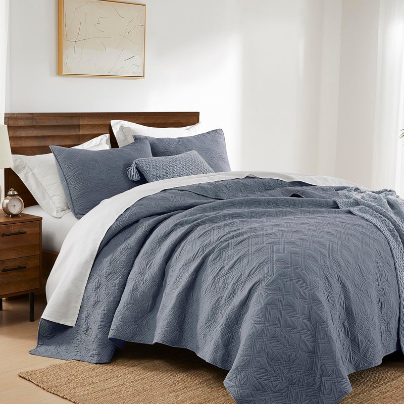 WDCOZY 100% Cotton King Size Quilt Set - Dusty Blue Pre-Washed Soft Lightweight Modern Bedspread, Farmhouse Country Rustic Coverlet, Textured Like Linen, Shabby Chic Gauze Bedding, 3 Pieces - Image 3