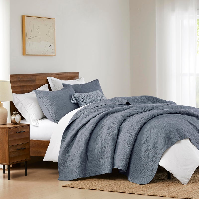 WDCOZY 100% Cotton King Size Quilt Set - Dusty Blue Pre-Washed Soft Lightweight Modern Bedspread, Farmhouse Country Rustic Coverlet, Textured Like Linen, Shabby Chic Gauze Bedding, 3 Pieces - Image 4