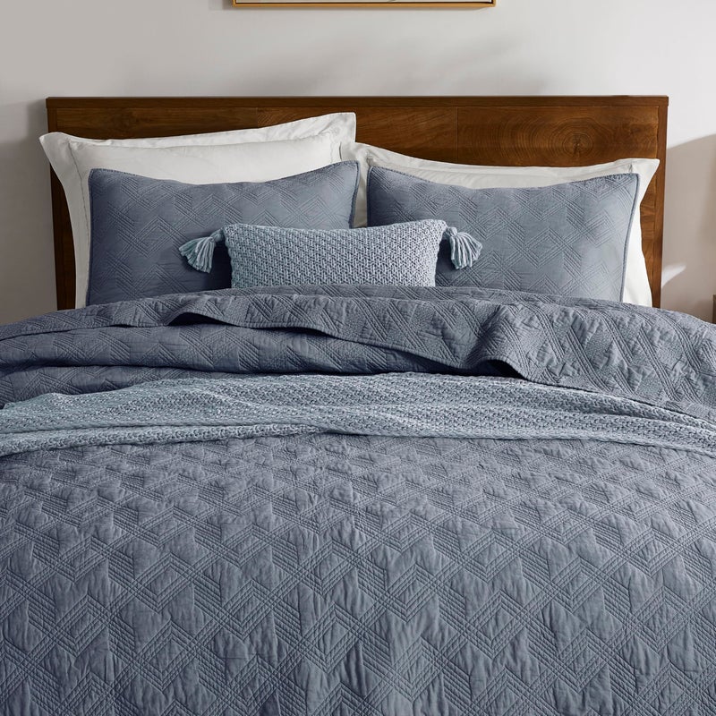 WDCOZY 100% Cotton King Size Quilt Set - Dusty Blue Pre-Washed Soft Lightweight Modern Bedspread, Farmhouse Country Rustic Coverlet, Textured Like Linen, Shabby Chic Gauze Bedding, 3 Pieces - Image 1