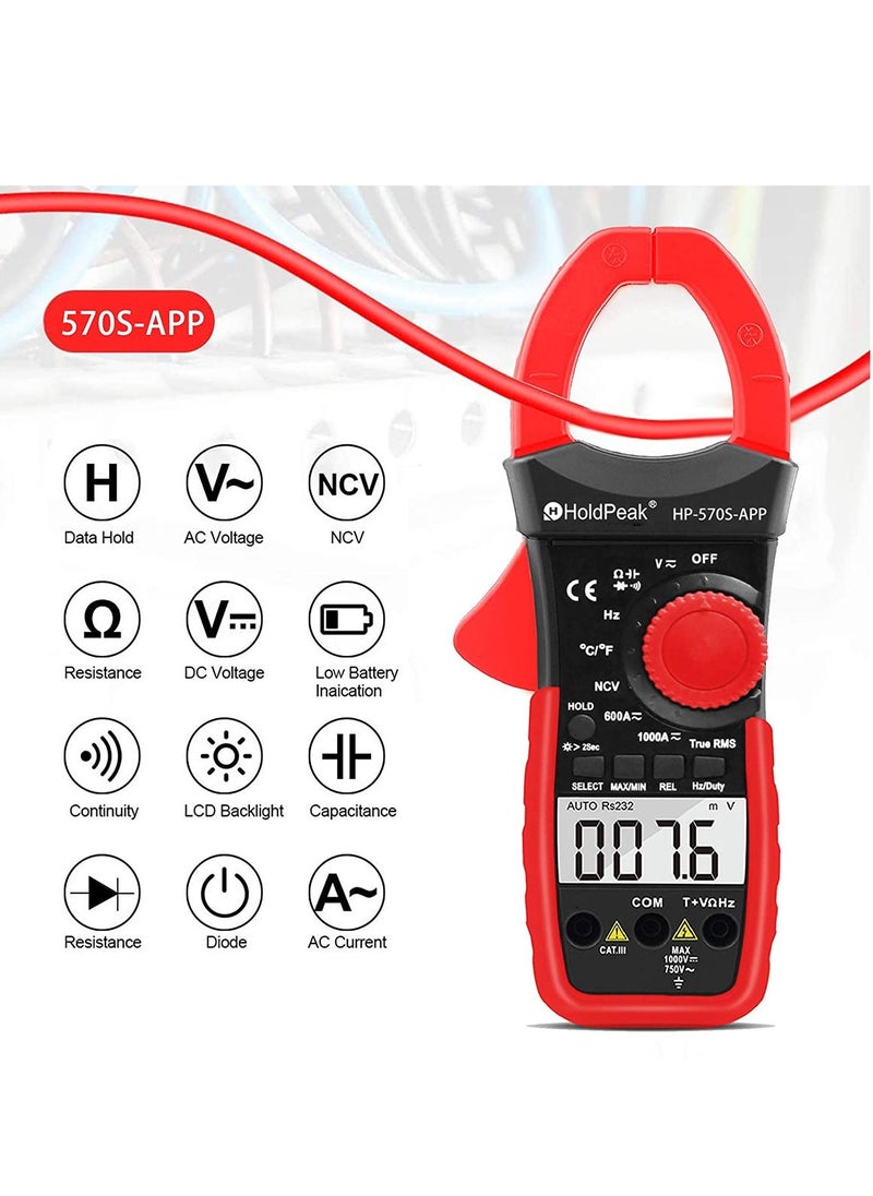 HoldPeak - HOLAPEAK Digital Clamp Multimeter Connect with APP via Bluetooth Voltage Multimeter with Amp Ohm Tester, 6000 Count with NCV, Auto Range, Resistance - Image 1
