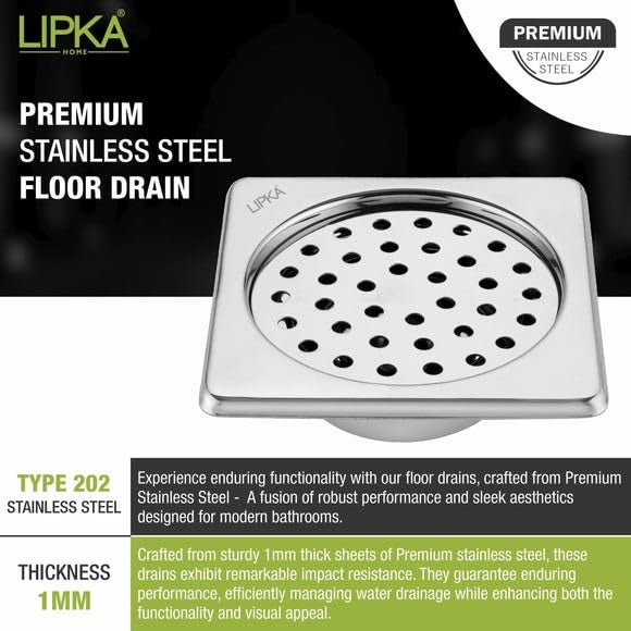 LIPKA 6 x 6 Inchec Square Super Sleek Floor Drain | 304-Grade Stainless Steel | Bathroom Floor Drain with Cockroach Trap/Jali for Bathroom Drainer - Image 3