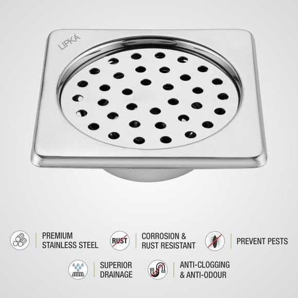 LIPKA 6 x 6 Inchec Square Super Sleek Floor Drain | 304-Grade Stainless Steel | Bathroom Floor Drain with Cockroach Trap/Jali for Bathroom Drainer - Image 4