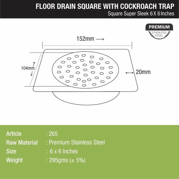 LIPKA 6 x 6 Inchec Square Super Sleek Floor Drain | 304-Grade Stainless Steel | Bathroom Floor Drain with Cockroach Trap/Jali for Bathroom Drainer - Image 2