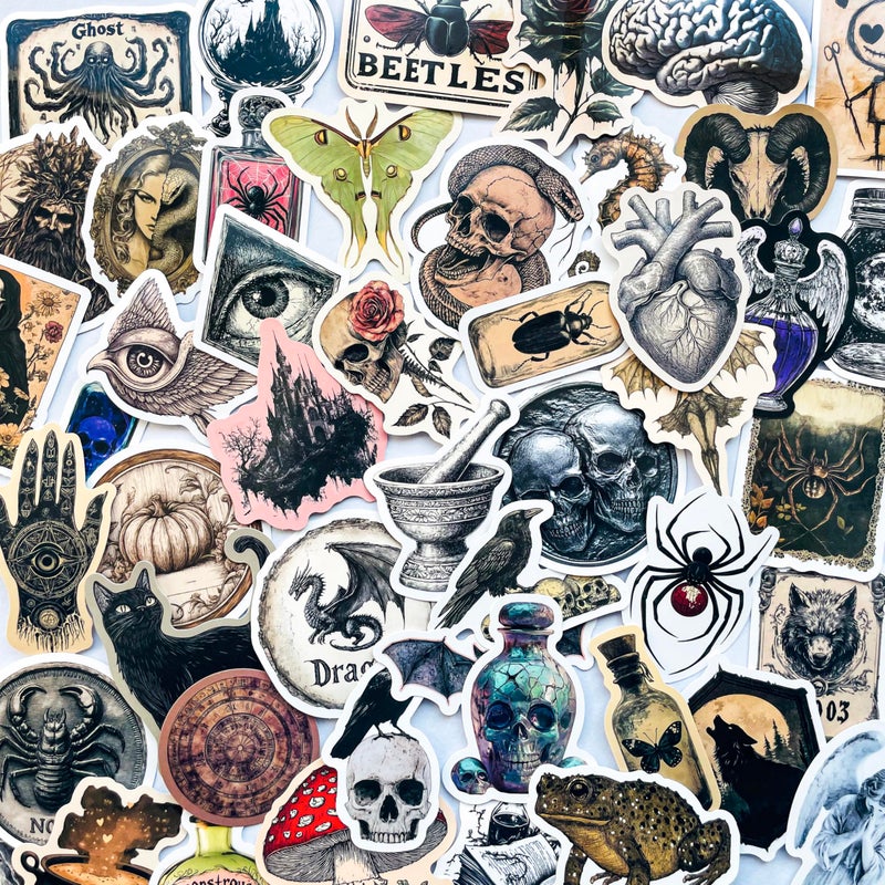 PIGBIT 50-Piece Gothic Dark Academia Sticker Pack â€“ Vintage Spooky Medieval, Occult, Supernatural, Witchcraft Goth Decals for Laptop, Journal, Water Bottle, Scrapbook - Image 1