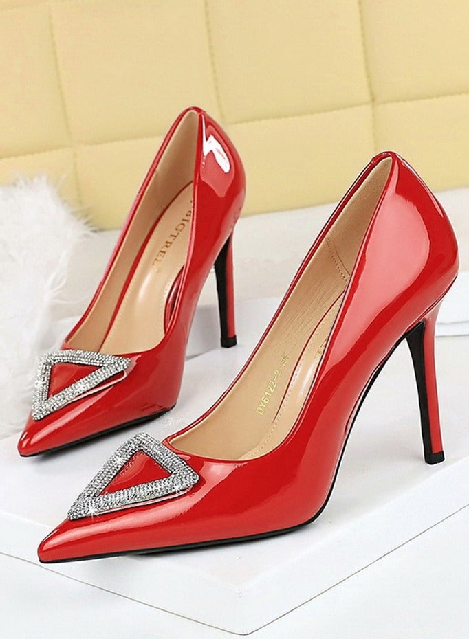 بيج تري مضخات ستيليتو النسائية أشارت إلى إصبع القدم المغلق الكعب العالي مع الديكور الراينست الأحمر 10 سم - Image 1