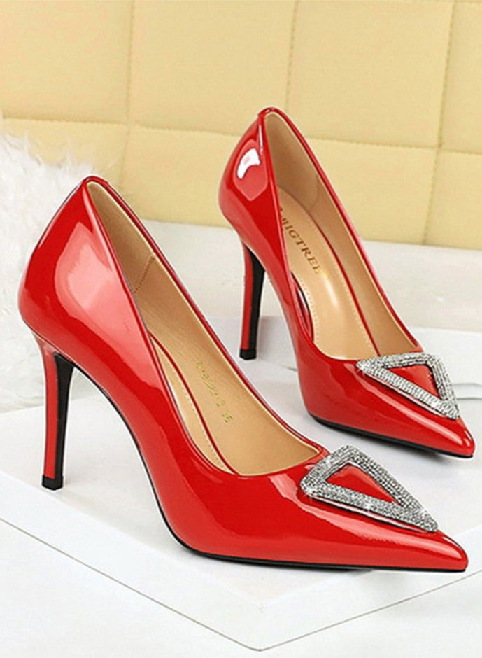 بيج تري مضخات ستيليتو النسائية أشارت إلى إصبع القدم المغلق الكعب العالي مع الديكور الراينست الأحمر 10 سم - Image 2