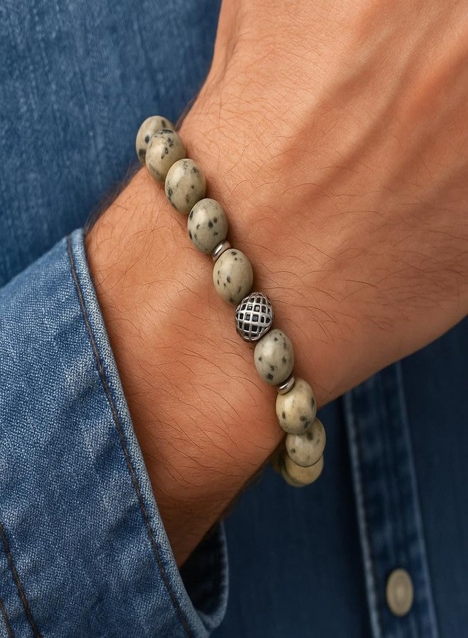 THE MEN THING Natural Stone Bracelets – Adjustable Beaded Wristwear for Men & Boys (Multi-Design Collection) (KIWI JASPER - 12mm) - Image 2