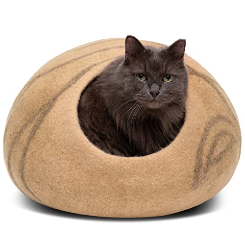 MEOWFIA Cat Cave – Premium Felt Cat Bed for Indoor Cats, Handmade 100% Merino Wool (Beige, Medium) - Image 1