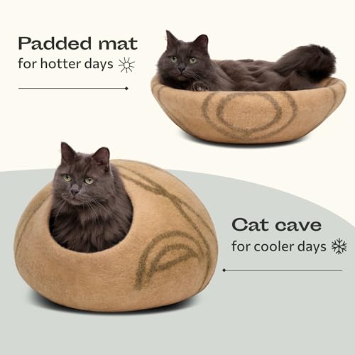 MEOWFIA Cat Cave – Premium Felt Cat Bed for Indoor Cats, Handmade 100% Merino Wool (Beige, Medium) - Image 4