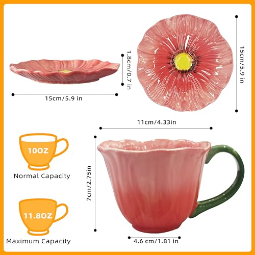 JUSONEY 10 oz Tea Cups and Saucers Ceramic Flowershaped Cappuccino Cup Latte Cup and Saucer set elegant floral Espresso Cup set cups are microwave and dishwasher safeRed - Image 3