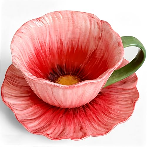 JUSONEY 10 oz Tea Cups and Saucers Ceramic Flowershaped Cappuccino Cup Latte Cup and Saucer set elegant floral Espresso Cup set cups are microwave and dishwasher safeRed - Image 1