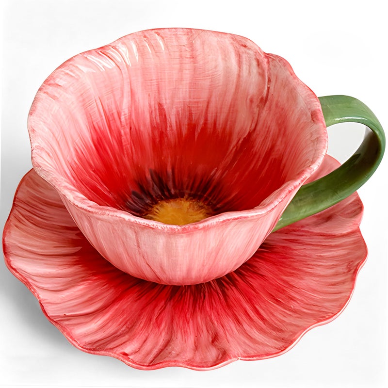 JUSONEY 10 oz Tea Cups and Saucers Ceramic Flowershaped Cappuccino Cup Latte Cup and Saucer set elegant floral Espresso Cup set cups are microwave and dishwasher safeRed - Image 2