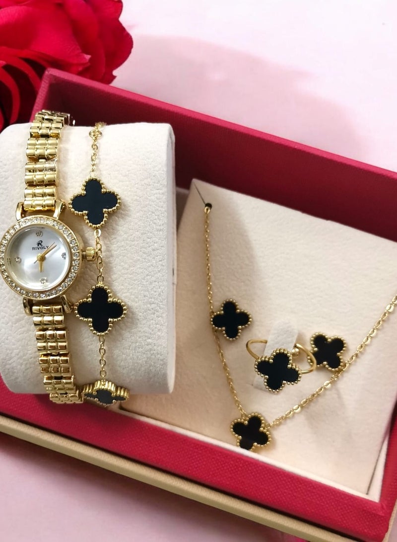 ريفولي طقم نسائي أنيق من الفولاذ المقاوم للصدأ يتكون من ساعة مقاومة للماء مع مجموعة من الأساور والخواتم والقلائد والأقراط - Image 1