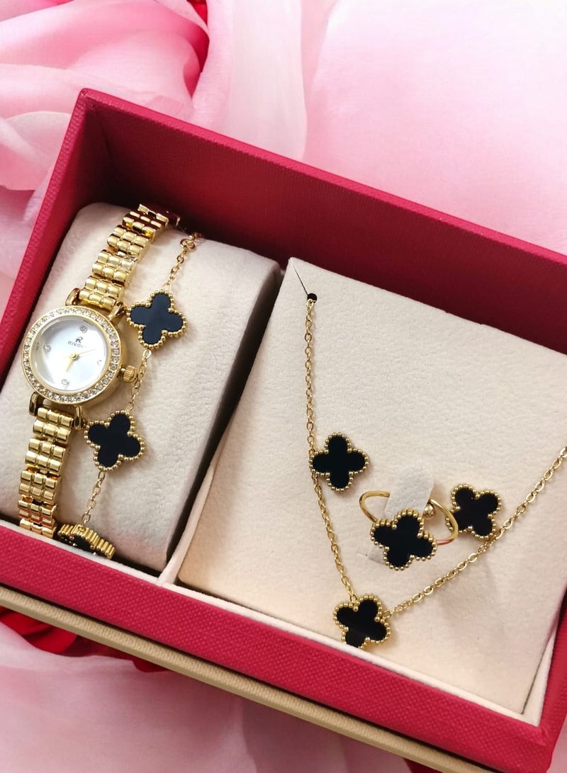 ريفولي طقم نسائي أنيق من الفولاذ المقاوم للصدأ يتكون من ساعة مقاومة للماء مع مجموعة من الأساور والخواتم والقلائد والأقراط - Image 2