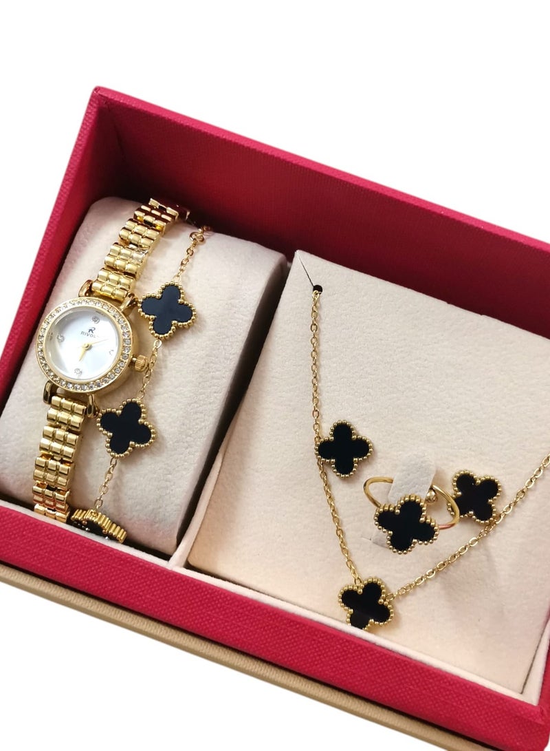 ريفولي طقم نسائي أنيق من الفولاذ المقاوم للصدأ يتكون من ساعة مقاومة للماء مع مجموعة من الأساور والخواتم والقلائد والأقراط - Image 3