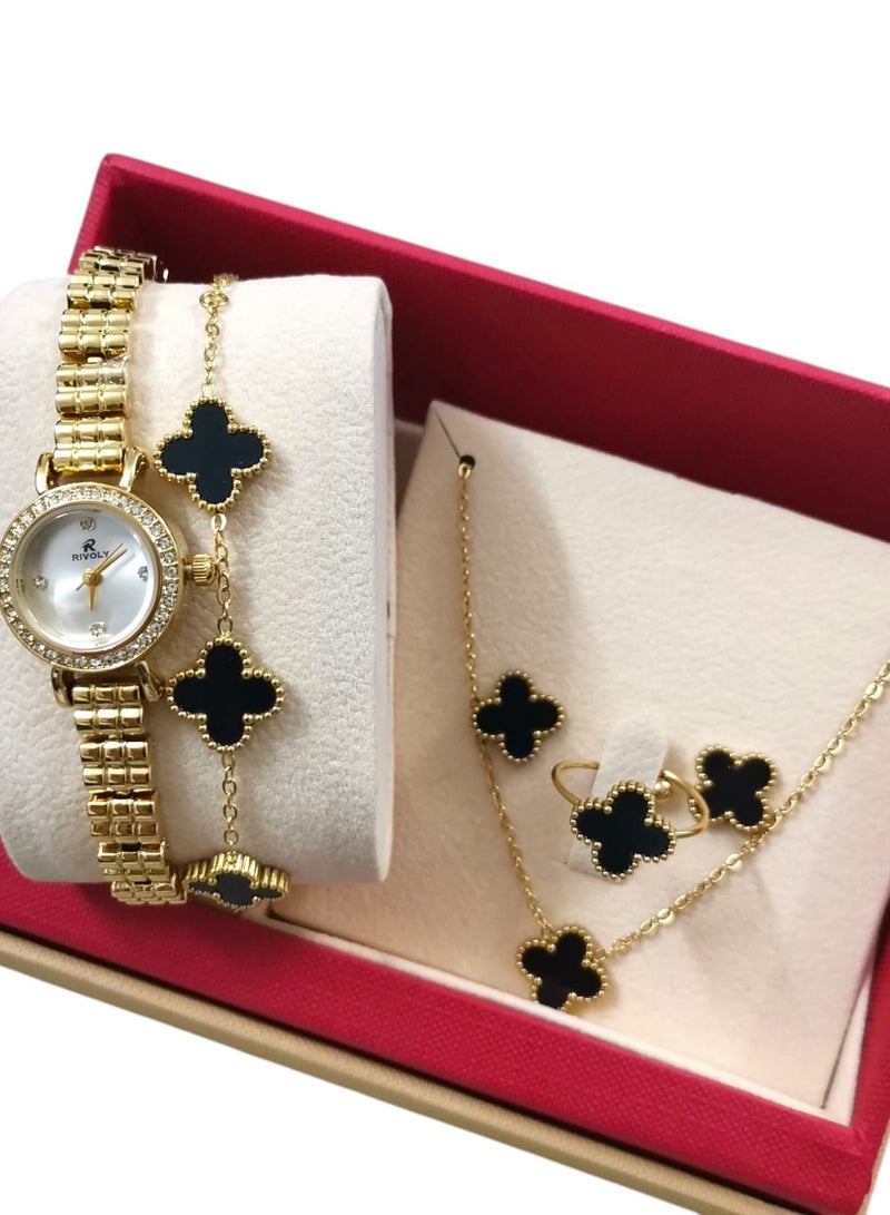 ريفولي طقم نسائي أنيق من الفولاذ المقاوم للصدأ يتكون من ساعة مقاومة للماء مع مجموعة من الأساور والخواتم والقلائد والأقراط - Image 4