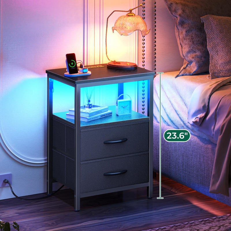 Huuger Night Stand with Charger Station and LED Lights, 2 Drawer Nightstand, Bed Side Table with Open Shelf, End Table, Fabric Dresser for Bedroom, Black - Image 2