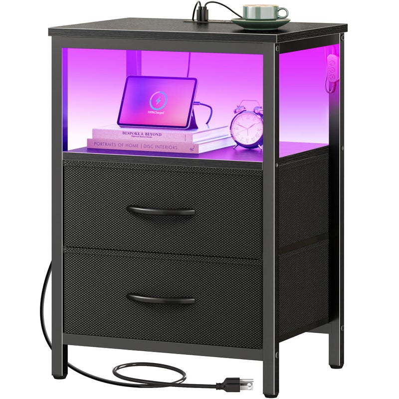 Huuger Night Stand with Charger Station and LED Lights, 2 Drawer Nightstand, Bed Side Table with Open Shelf, End Table, Fabric Dresser for Bedroom, Black - Image 1