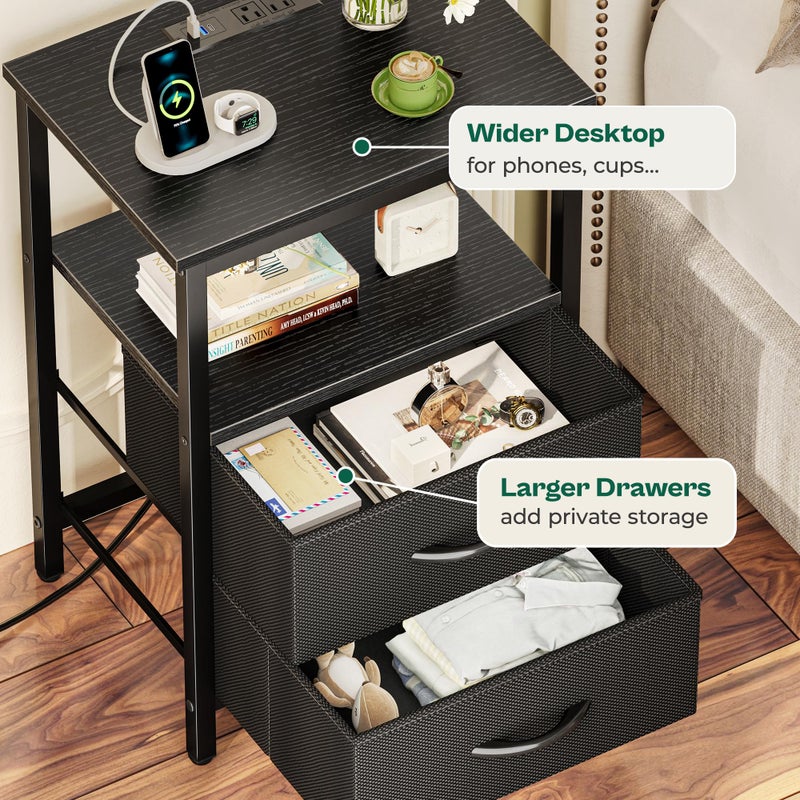 Huuger Night Stand with Charger Station and LED Lights, 2 Drawer Nightstand, Bed Side Table with Open Shelf, End Table, Fabric Dresser for Bedroom, Black - Image 5