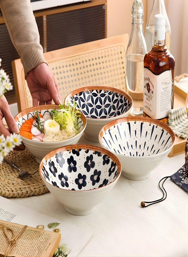 OLWICK طقم أوعية تقديم سيراميكية حرفية من أولويك مكون من 4 قطع - أوعية معكرونة وسلطة مزخرفة مقاس 8 بوصات، بنقوش زرقاء وبيضاء فريدة مرسومة يدويًا، أواني طعام فاخرة قابلة للتكديس للمنزل والمطبخ كهدية (زهرة كلاسيكية). - Image 2