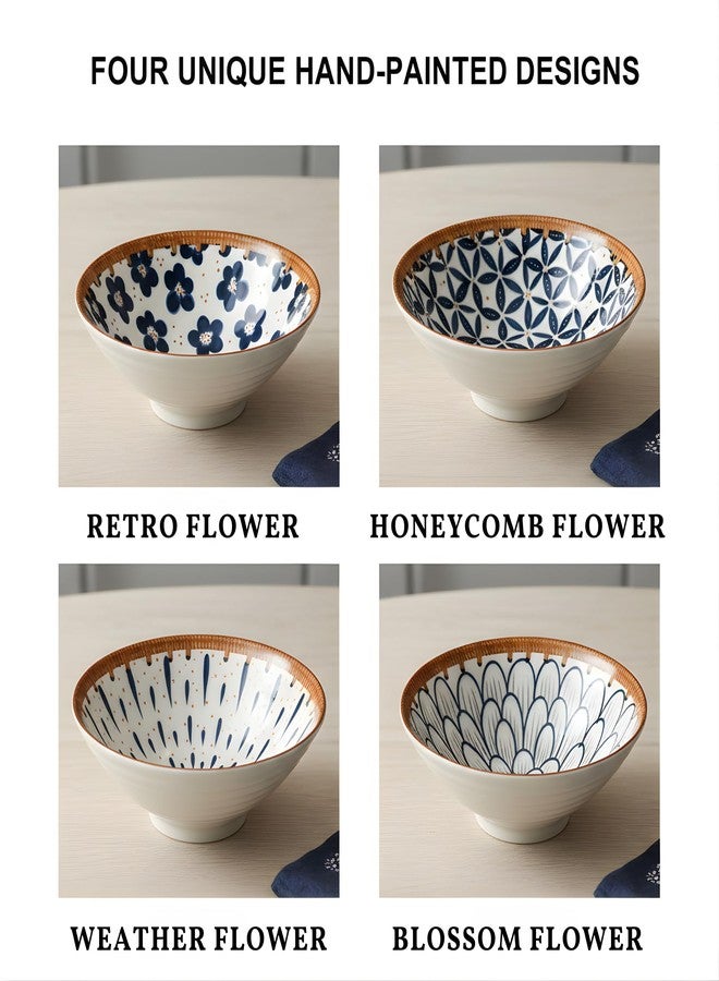 OLWICK طقم أوعية تقديم سيراميكية حرفية من أولويك مكون من 4 قطع - أوعية معكرونة وسلطة مزخرفة مقاس 8 بوصات، بنقوش زرقاء وبيضاء فريدة مرسومة يدويًا، أواني طعام فاخرة قابلة للتكديس للمنزل والمطبخ كهدية (زهرة كلاسيكية). - Image 5